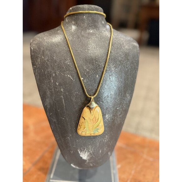 VINTAGE GOLD SNAKE CHAIN TULIP CLOISONNE ENAMEL FLOWER PENDANT 24" NECKLACE EUC - Picture 8 of 11